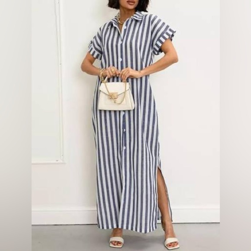 Ebossy Striped Button-Front Maxi Shirt Dress - Beige & White